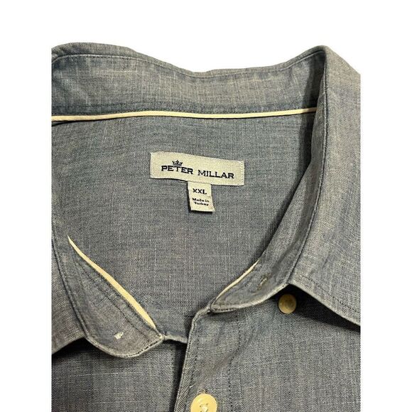 Peter Millar Men's Long Sleeve Dress Shirt Blue Denim Style Logo Blue Size 2XL - Picture 10 of 11